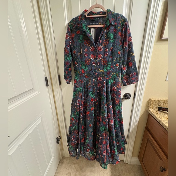 NWT Samantha Sung Aster Midi Shirt Dress Deer Stalker Indigo Print Wool Size 10 - Picture 3 of 14